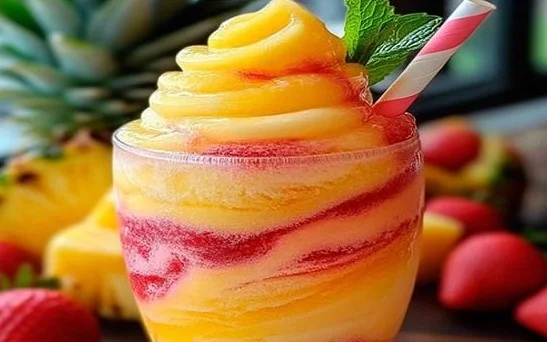 Pineapple Strawberry Slushies in a glass with ice and fresh fruit