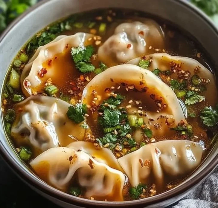 Delicious bowl of Potsticker Soup topped with green onions