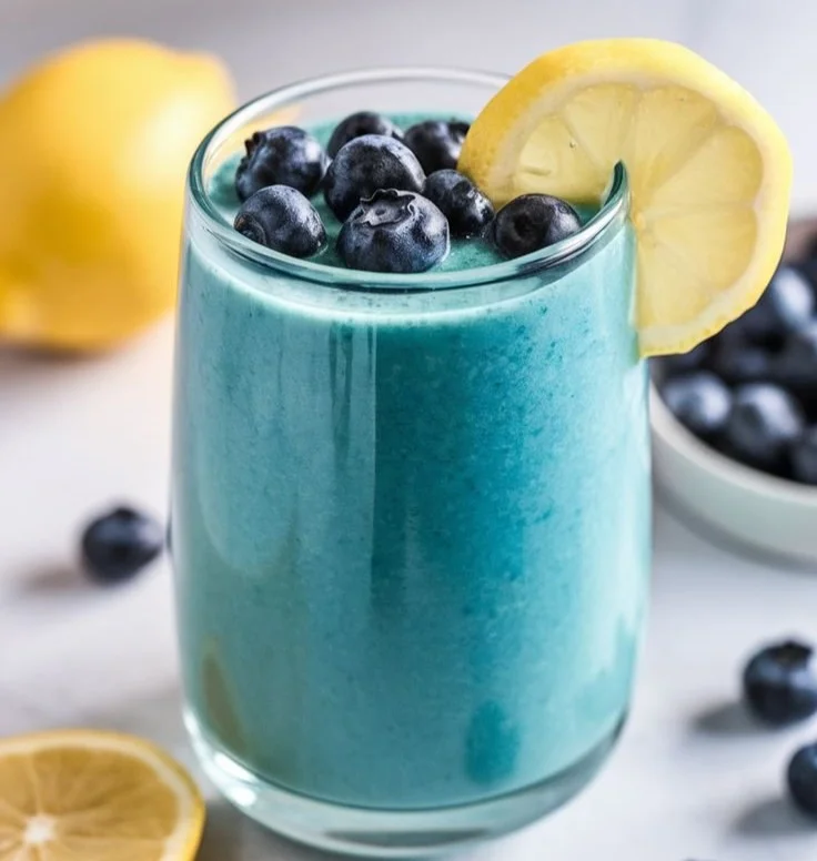 Refreshing lemon-blueberry smoothie in a glass with fresh ingredients