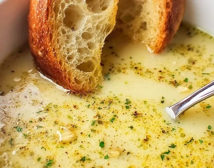 Rustic French garlic soup with herbs served in a rustic bowl