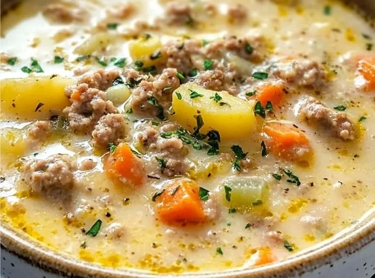 Bowl of hearty Sausage Potato Soup with sausage chunks and potato slices