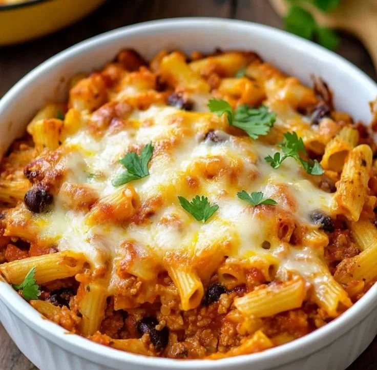 Delicious Mexican pasta bake topped with cheese and garnished with herbs