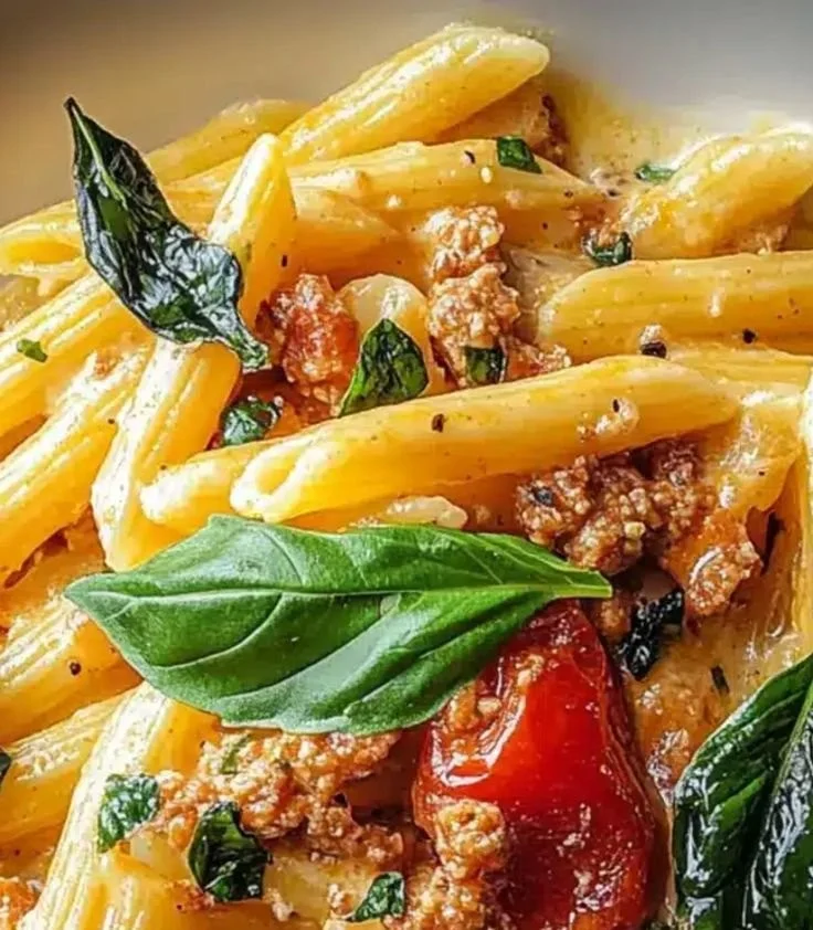 Spicy Italian creamy pasta dish garnished with herbs in a bowl.