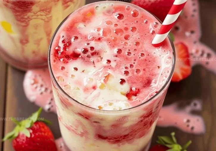 Delicious strawberry colada smoothie in a glass with fresh strawberries and coconut.
