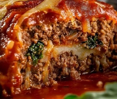 Delicious stuffed Italian meatloaf served with marinara sauce and herbs