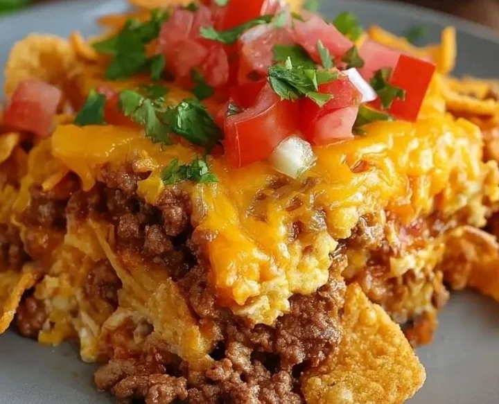 Delicious Tex Mex taco casserole topped with cheese and fresh ingredients