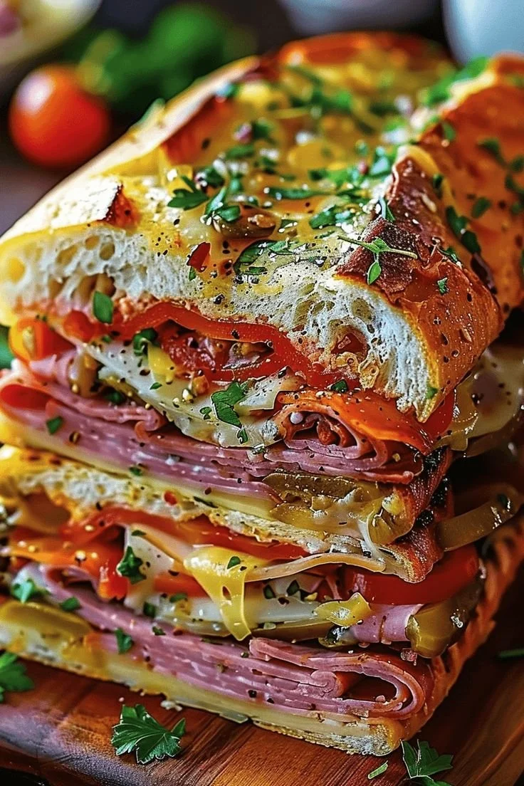 Classic Italian Muffuletta sandwich with cured meats and olive salad