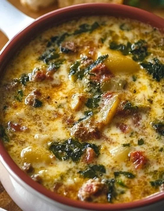 A bowl of hearty Zuppa Toscana soup garnished with kale and sausage