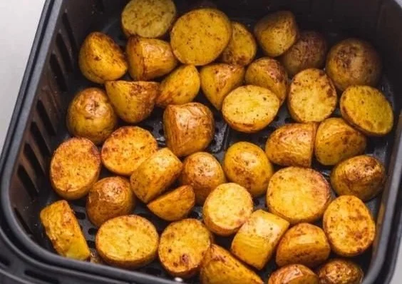 Air fryer roasted potatoes crispy and golden brown ready to serve.