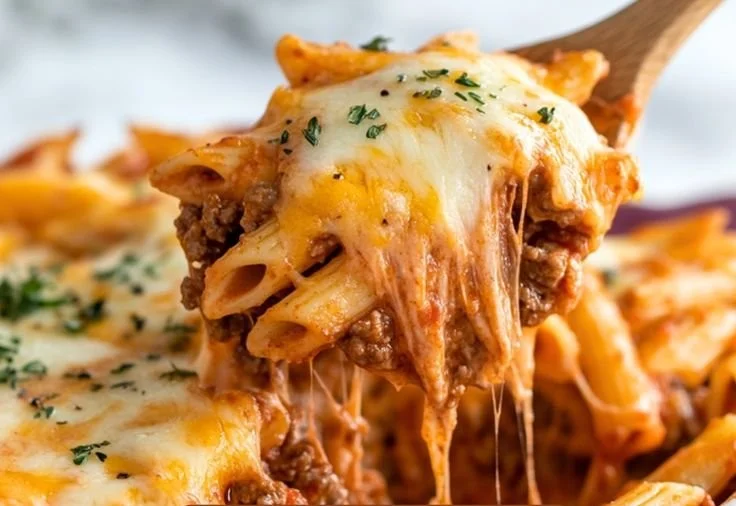 Savory beef pasta casserole baked to perfection with cheese and herbs.