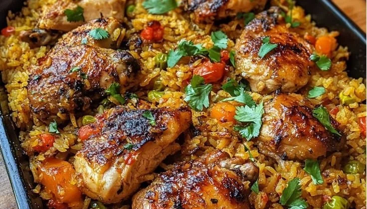Delicious Caribbean Chicken Rice served in a one-pan dish featuring vibrant ingredients.