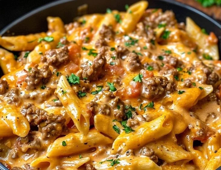 Creamy beef pasta dish with tender meat and rich sauce