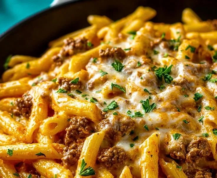 Creamy high protein beef pasta dish garnished with herbs