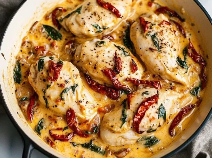 Creamy Tuscan Garlic Chicken Skillet with spinach and sun-dried tomatoes