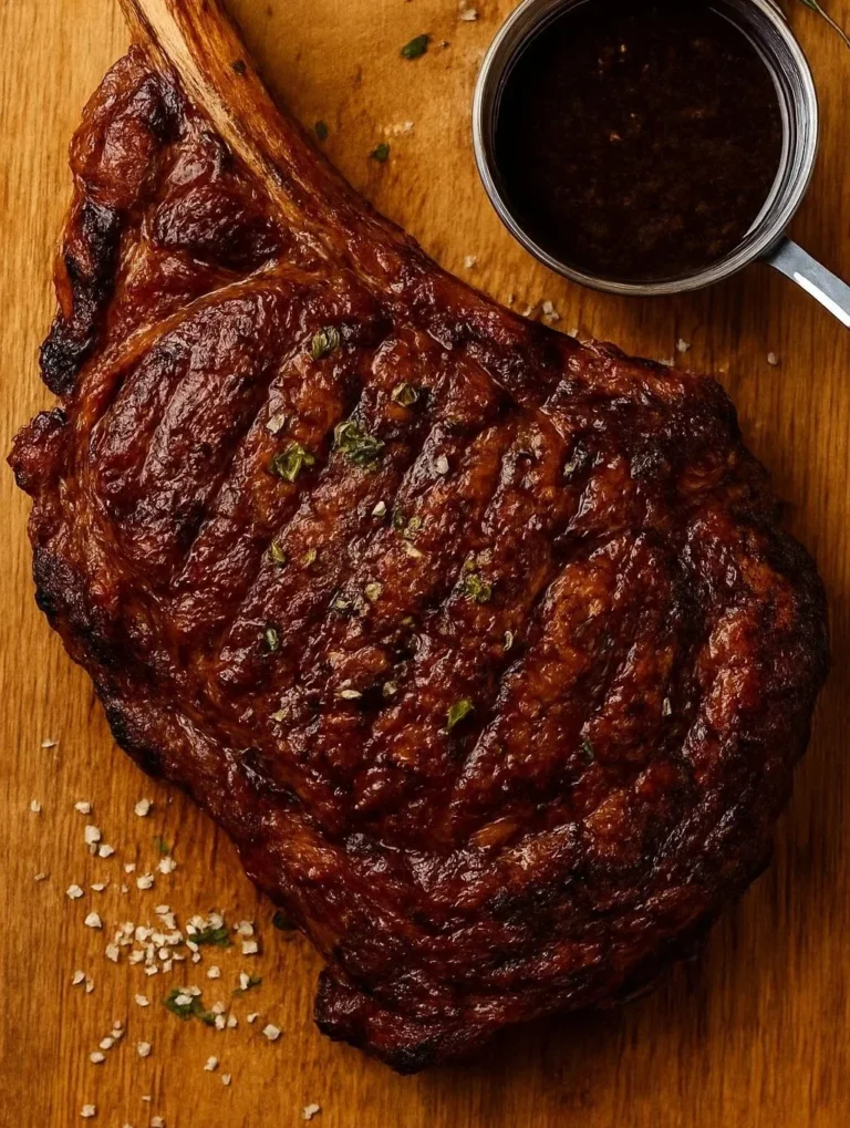 Grilled ribeye steak seasoned with Dijon honey rub on a plate