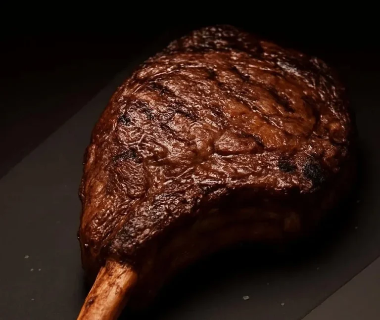 Perfectly grilled tomahawk steak on a cutting board with seasonings