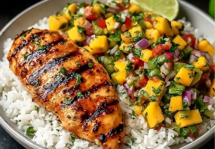 Honey Lime Chicken served with mango salsa on a plate