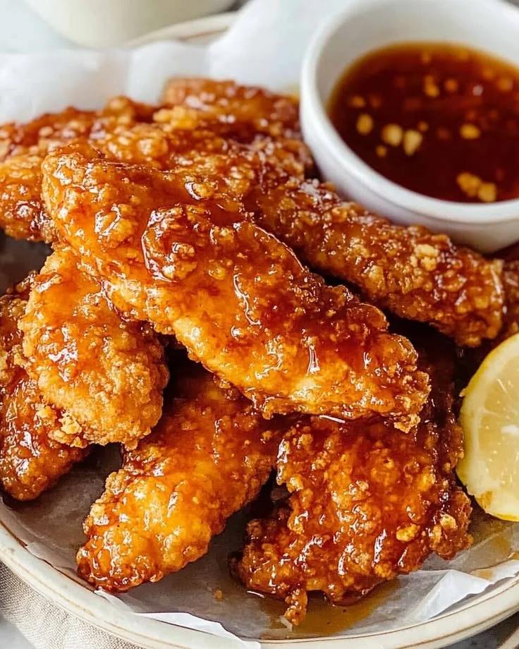 Crispy hot honey chicken tenders garnished with spices