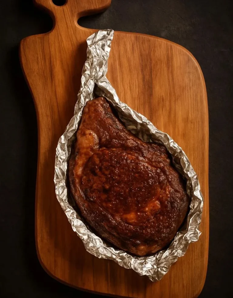 A perfectly cooked Tomahawk steak served on a wooden cutting board