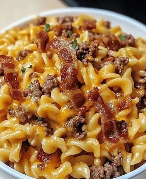 Deliciously loaded bacon cheeseburger pasta served in a bowl