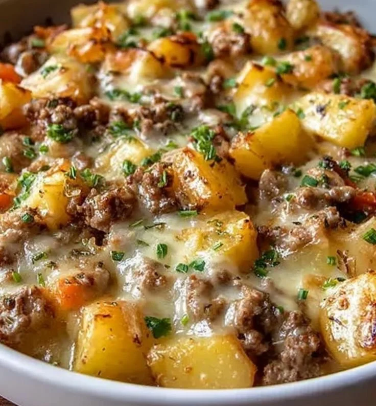 One-Pan Cheesy Meat and Potato Skillet dish served in a skillet.