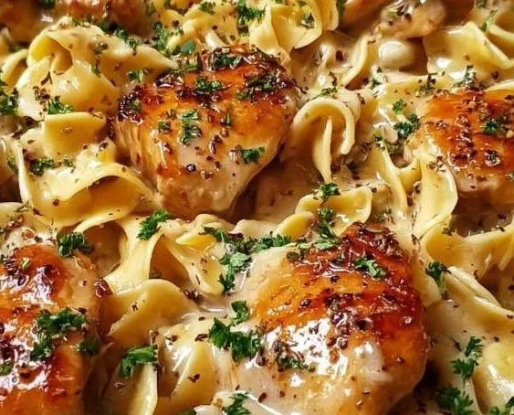 One-Pan Creamy Garlic Butter Chicken with Egg Noodles