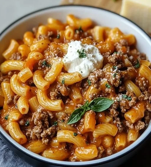 One Pot Beefaroni dish garnished with herbs in a bowl