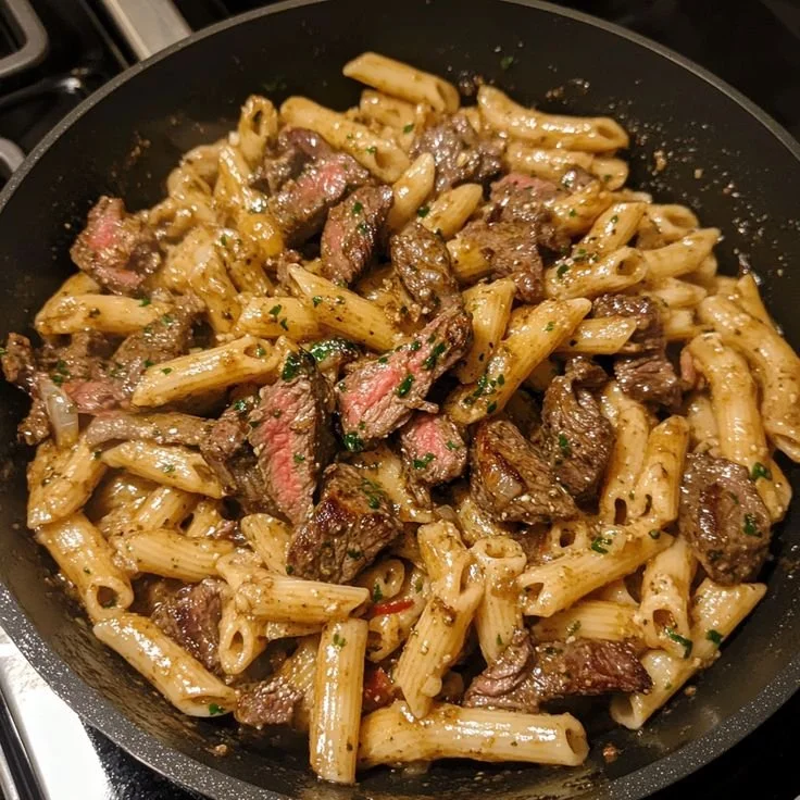 One-Skillet Spicy Garlic Butter Parmesan Steak Pasta