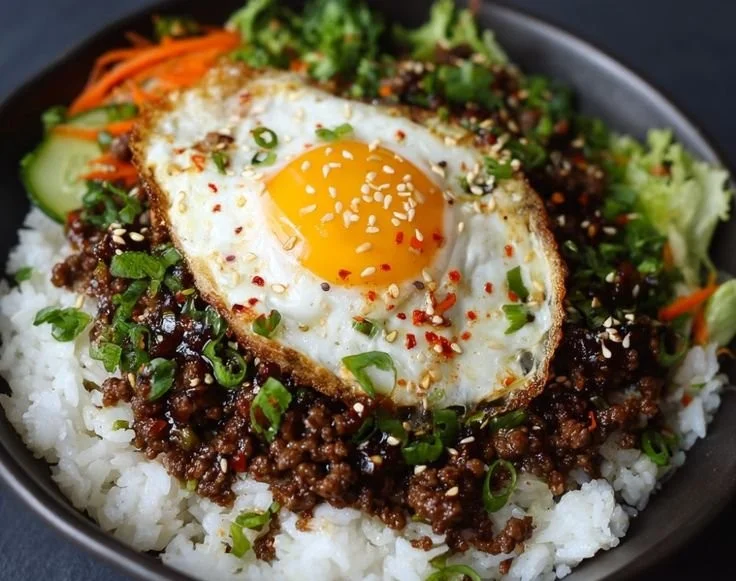 Quick and easy Korean Ground Beef Bowl served with rice and vegetables