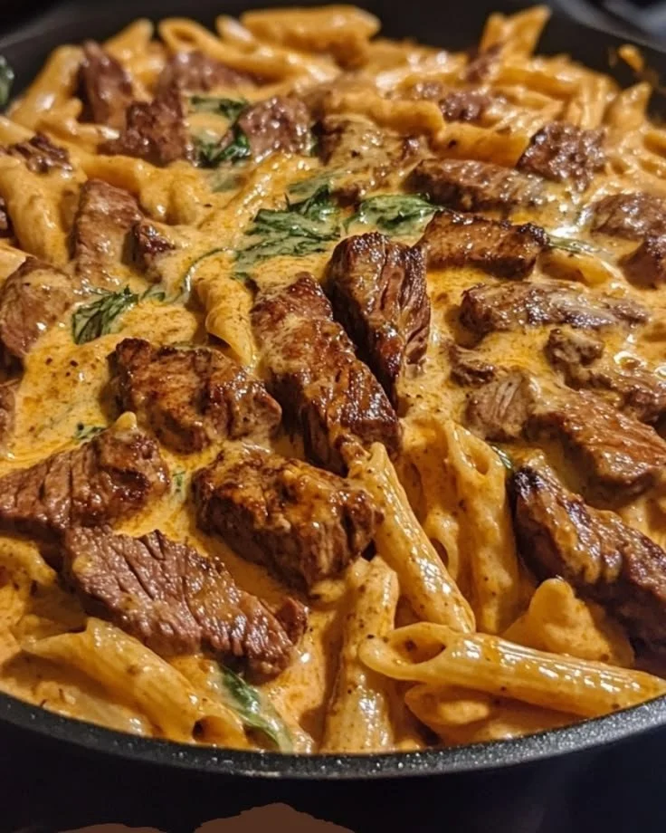 Creamy Spicy Cajun Steak and Cheddar Pasta in skillet