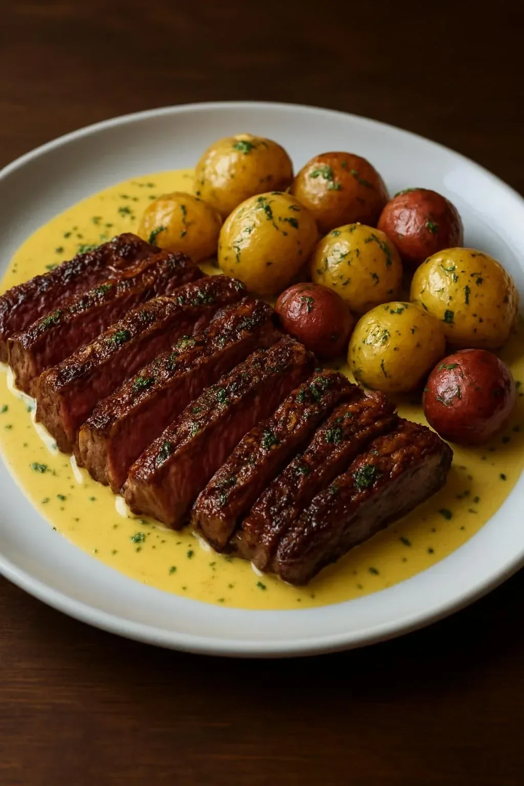 Slow Cooker Cowboy Butter Steak served with tender potatoes