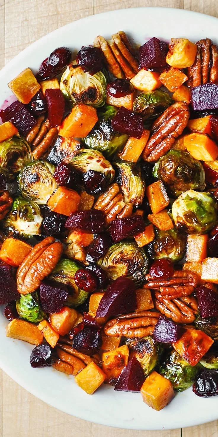 Winter Vegetable Salad with roasted butternut squash, Brussels sprouts, and beets.